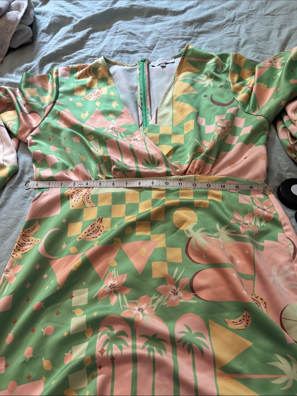 Never Fully Dressed Green and Pink Printed V-Neck Mini Dress - Picture 7 of 7